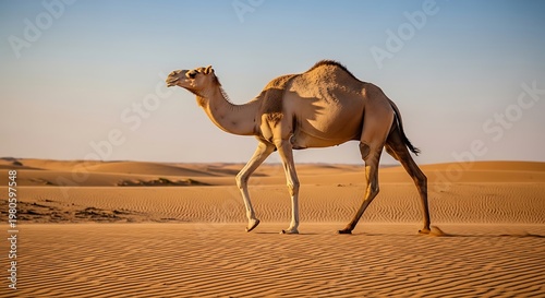Obraz na płótnie Dromedary Camel walking across sandy terrain