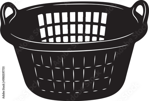 Black plastic laundry basket with handles woven