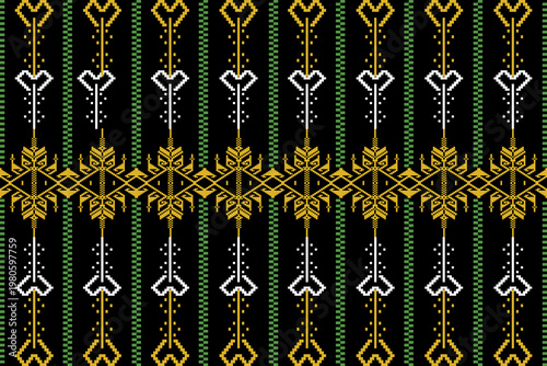 Seamless ornamental ethnic pattern on black background with gold and white vertical motifs. Inspired by traditional tribal textile art, featuring symmetrical lines and decorative elements