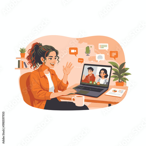 Freelancer Woman Working on Laptop with Online Meeting at Home