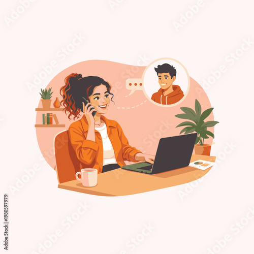 Young Woman Talking on Phone While Working on Laptop at Home