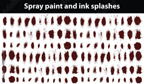 Spray paint and ink splashes. Mud graffiti effect, stencil spray paint borders. Vector punk and street art vector hand drawn elements. Graphic set of grunge dirty splash stains and blots
