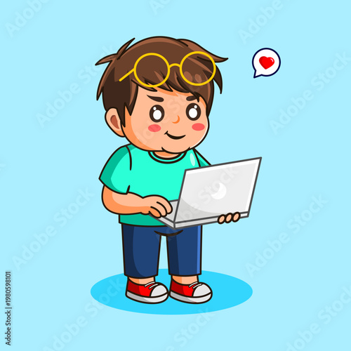 Cute Cartoon Boy Standing Working on Laptop Vector Illustration