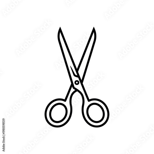 Black and white scissors icon, minimal outline, simple symmetrical design, centered