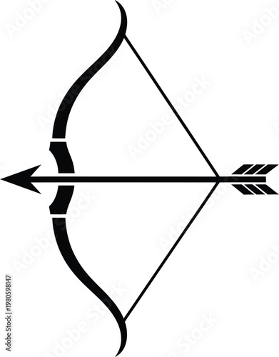 Black bow and arrow, archery icon, vector illustration, hunting symbol, weapon design element