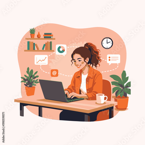 Productive Woman Working from Home with Laptop and Coffee