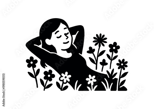 Silhouette of a woman reclining among various flowers and leaves, eyes closed and hands behind her head.