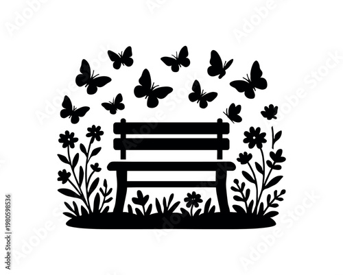 Black silhouette of a wooden bench set in grass and flowers with butterflies fluttering above, simple nature icon for design use.