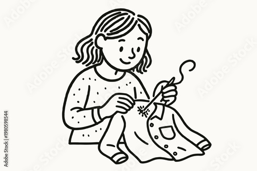 Woman mending clothes by hand with needle and thread, cozy sewing and repair activity flat vector illustration