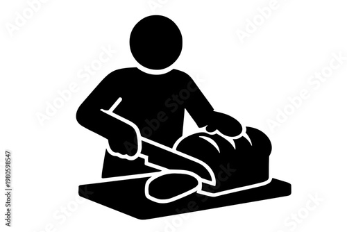 Silhouette of a person cutting a loaf of bread on a cutting board for kitchen and food icon flat vector icon