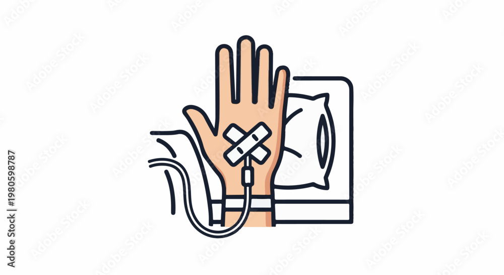 Fototapeta premium Hand with IV drip on pillow background, medical procedure icon