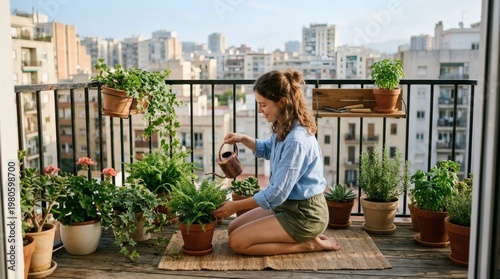 A young woman nurtures her lush balcony garden, finding serenity and connection to nature amidst an urban backdrop, reflecting Imperfect Real Life with Commercial Clarity