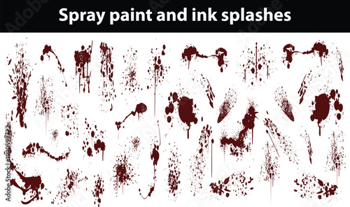 Spray paint and ink splashes. Mud graffiti effect, stencil spray paint borders. Vector punk and street art vector hand drawn elements. Graphic set of grunge dirty splash stains and blots
