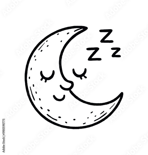 Gentle hand-drawn crescent moon with a peaceful face and three “zzz” marks, perfect for bedtime posters, nursery prints, or soothing nighttime designs.