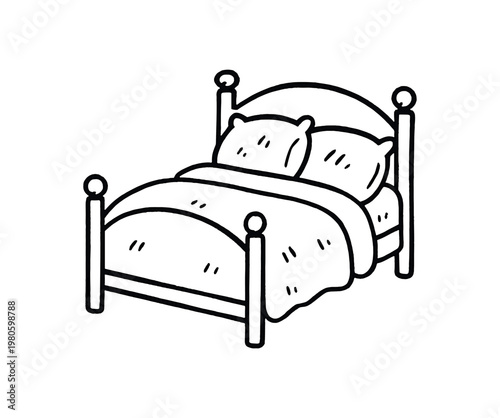 Hand-drawn style line art of a double bed with headboard, footboard, two pillows and a quilted blanket, ideal for bedroom or home interior illustrations.