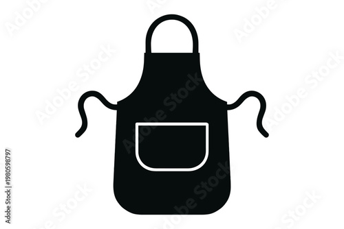 Black kitchen apron with front pocket and neck strap for cooking and baking flat vector icon