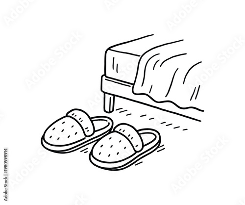 Pair of cozy slippers beside a bed on floor line art for bedroom or home comfort illustration
