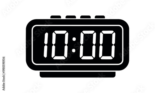 A solid black silhouette of a rectangular digital alarm clock displaying 10:00, suitable for user interfaces, signage, timers, and modern electronics graphics.