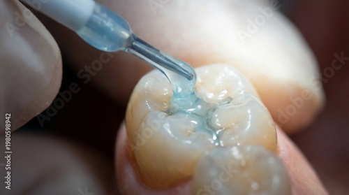 Close up of dentist applying blue etching gel to a human molar tooth for restoration.
