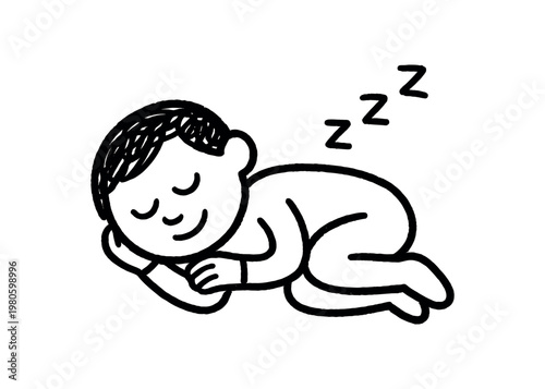 A cute black line-style silhouette of a baby curled up sleeping, with small zzz marks, made for nursery prints, parenting guides, or baby products.