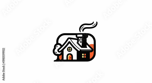 Stylized cartoon house with smoking chimney and tree, isolated on white