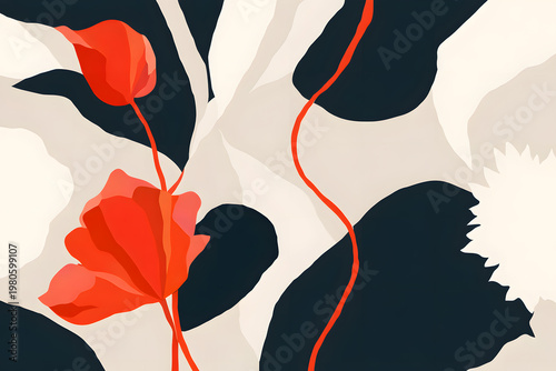 赤い花と黒背景の抽象ボタニカルデザイン横長バナー