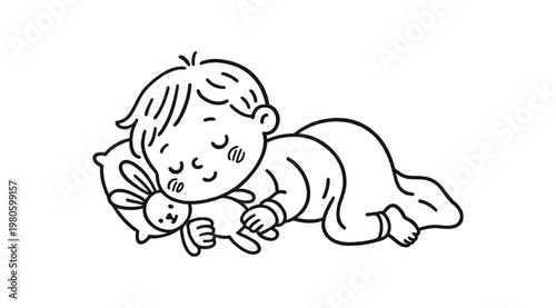 Simple black line icon of a baby sleeping on its side holding a stuffed rabbit, resting on a pillow and blanket — calm cute baby illustration for nursery or product use.