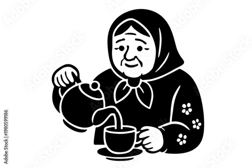 Elder woman in headscarf pouring tea from a teapot into a cup at a table, vintage kitchen icon for recipe cards and home brand labels flat vector icon