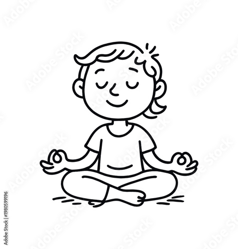 Line-drawn child in a cross-legged meditation pose, eyes closed and hands in mudra, peaceful mood for mindfulness or yoga designs.