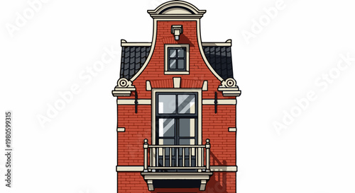 Cartoon illustration of a narrow, red brick house with a pitched roof and balcony