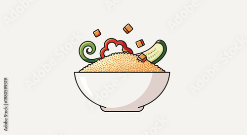 A bowl of fluffy grains with fresh vegetables tossed on top