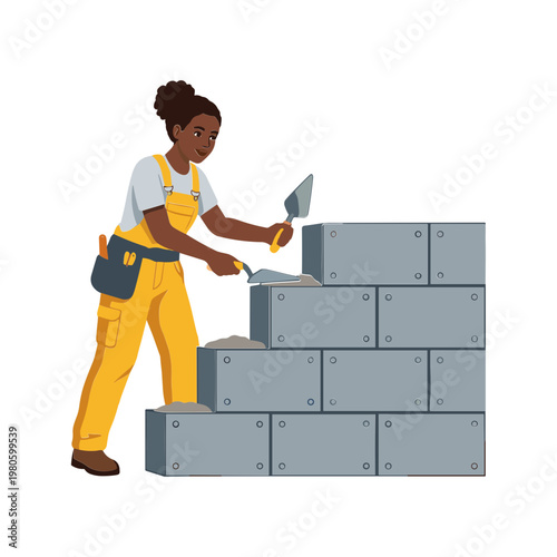 A woman in yellow overalls is laying bricks with a trowel on a construction site outdoors.