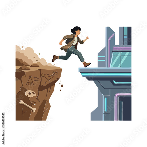 A man jumps from a cliff with a skull to a futuristic building.