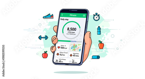 Hand holding smartphone with fitness tracking app displaying daily steps, calories, and activity, surrounded by health and exercise icons.
