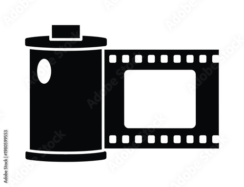 Vector of a spool of film with an extended strip of film showing a blank frame