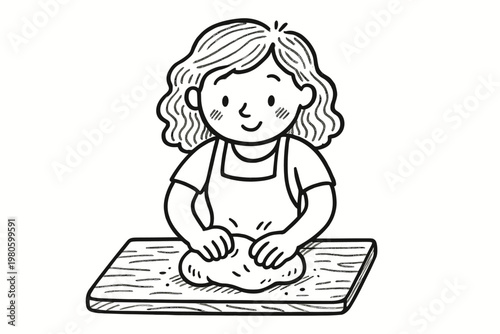 Child kneading dough on a wooden board for baking and kids activity background flat vector illustration