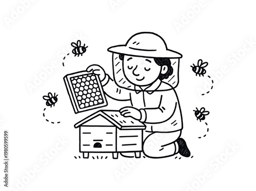 Line drawing of a beekeeper in protective hat kneeling beside a hive while holding a frame of honeycomb and bees fly around, good for apiary or nature themes.