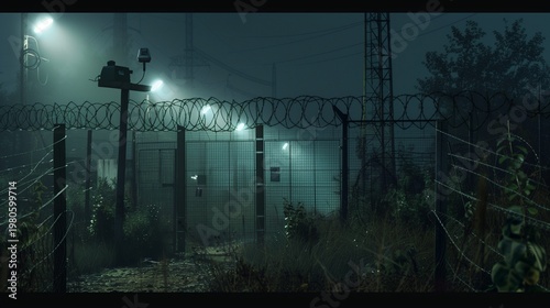 A night time perimeter security scene with tall fences topped with razor wire and motion sensor lights activated, misty atmosphere, realistic perspective, captured by HD camera.