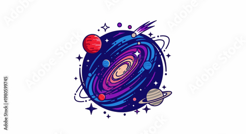 Vibrant galaxy illustration with planets, stars, and a comet