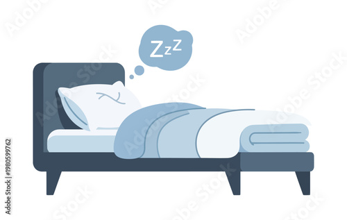 Comfortable bed with pillow and zzz symbols representing sleep rest and relaxation in flat vector illustration