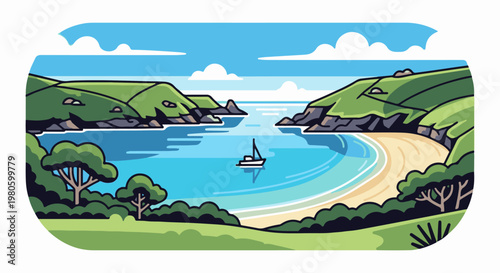 A picturesque coastal cove with a lone sailboat on calm, blue waters