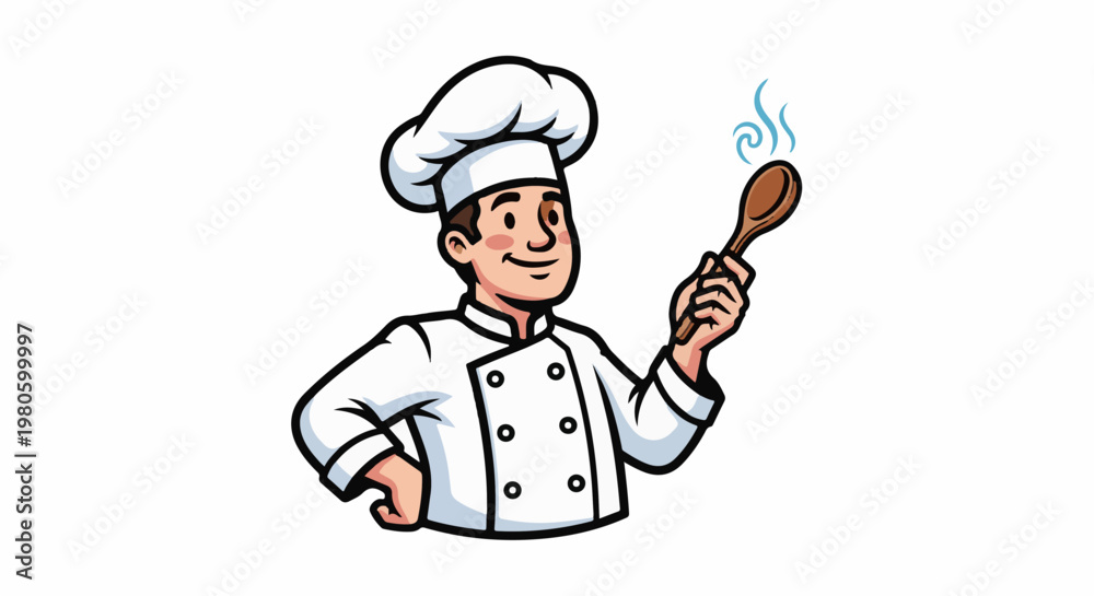 Naklejka premium Cartoon chef in a tall white hat and uniform holds a wooden spoon aloft, steam rising