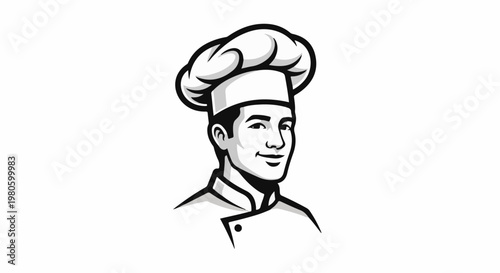 A black and white cartoon depiction of a male chef wearing a tall toque