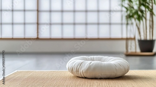 tatami. A meditation cushion on a tatami mat in a serene zen setting with natural lighting. wellbeing guides, coaching materials, designed for coaching and self-improvement content.