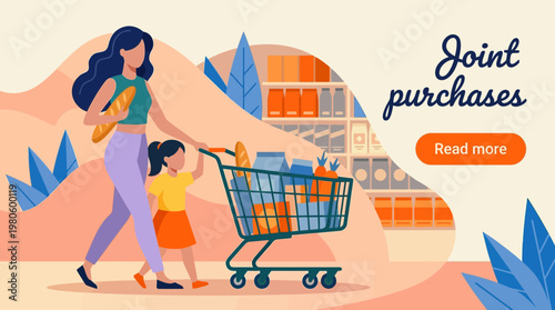 Mother and Daughter Shopping Together with a Grocery Cart in Supermarket, Flat Vector Illustration for Retail and Family Lifestyle Concept