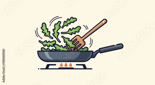 Greens tossed in a pan over flames with a spatula stirring