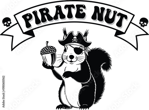 Squirrel in pirate hat and eye patch holds acorn