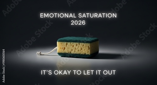 A sponge with a green top and yellow body sits on a dark surface with a spotlight shining on it. The image represents emotional saturation with the tagline 'It's okay to let it out'.