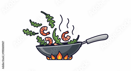 Wok with shrimp and greens cooking over flames, cartoon style