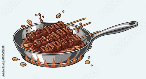 Meat skewers with peanut sauce cooking in a pan over flames